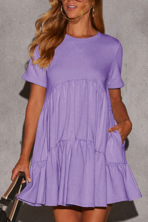 Tiered Round Neck Short Sleeve Mini Dress - Odaingerous
